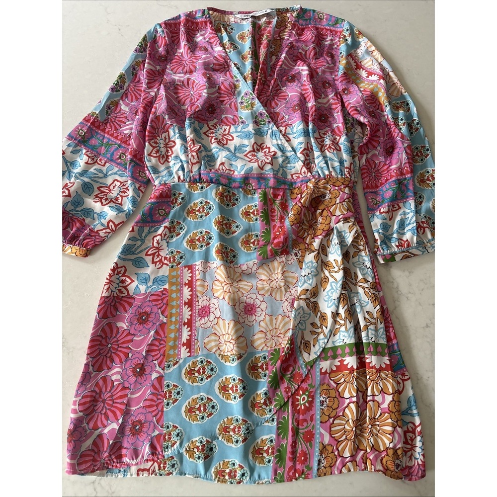 Zara Patchwork Kimono Wrap Dress Womens M Silk Like Mini Floral Boho Folk